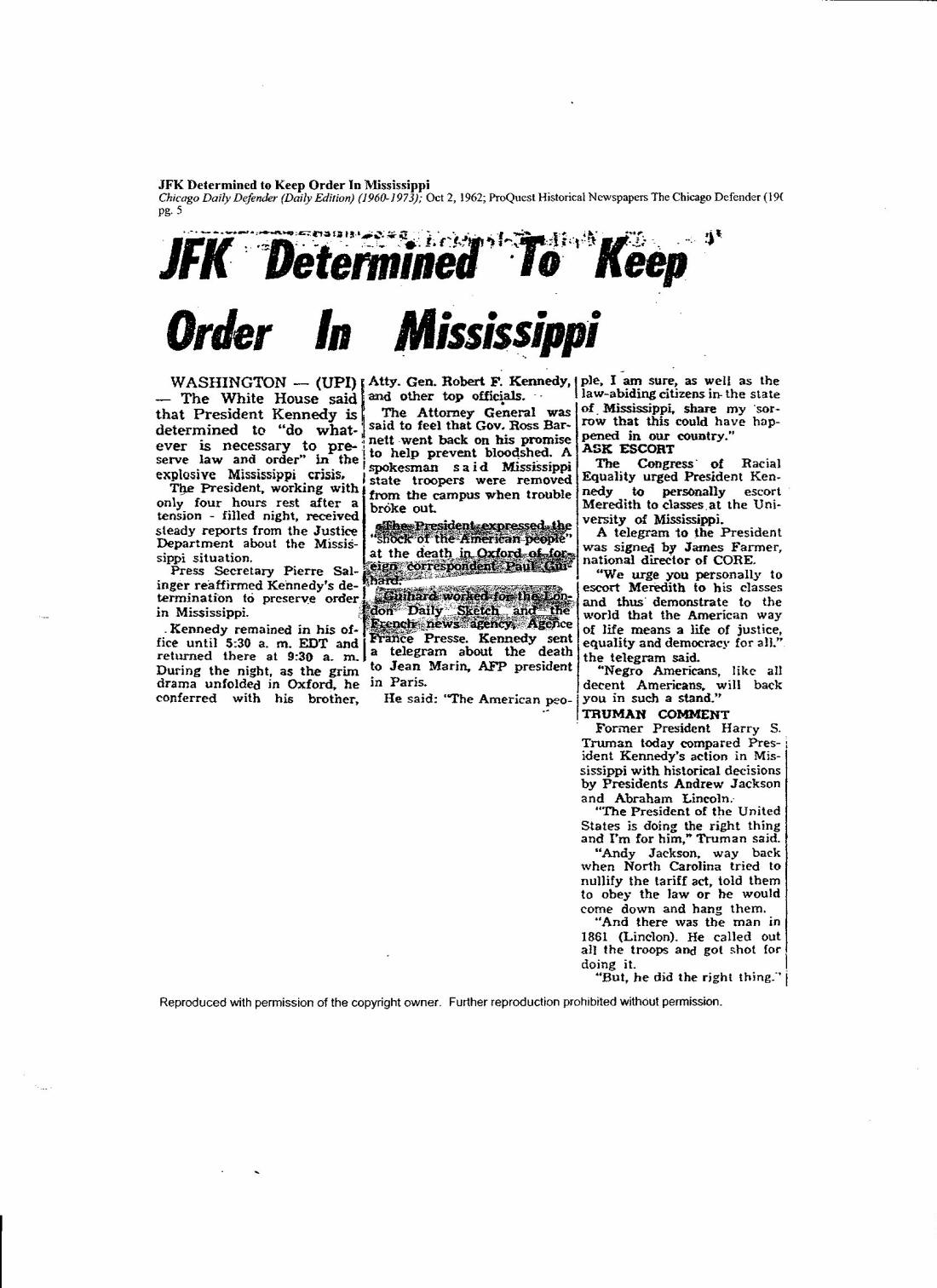 JFK Determined to Keep Order in Mississippi